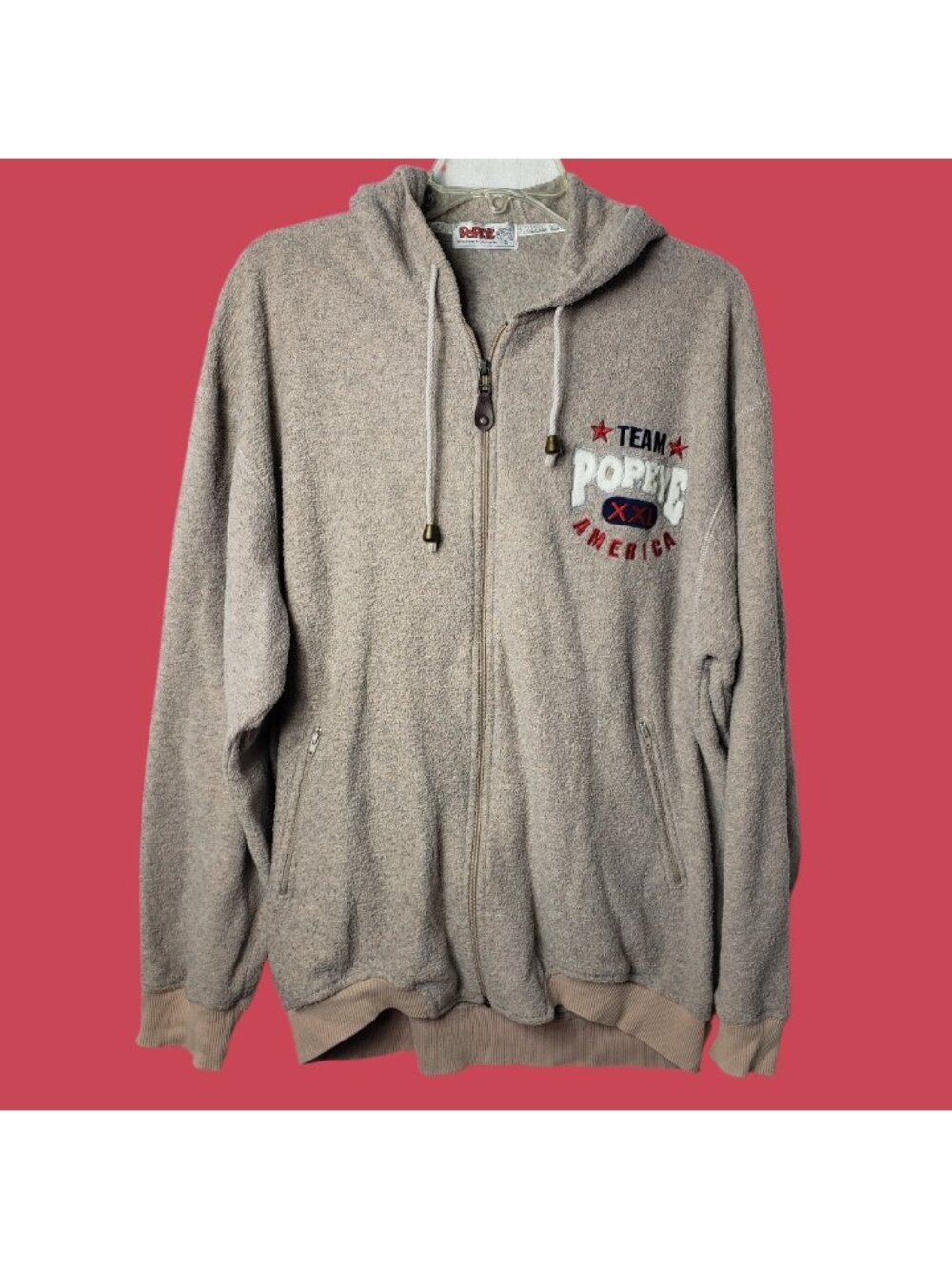 Popeye Vtg Team Porto American Hoodie Full Zip Beige/Red Size 5 - Picture 2 of 9